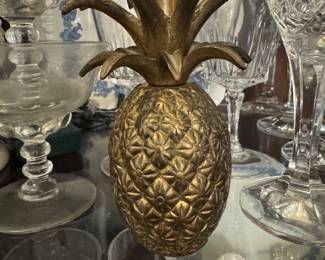 Brass pineapples; crystal & glass stemware