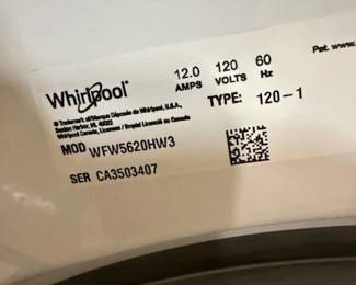 Whirlpool Washer Dryer Combo Model WFW5620HW3 Serial # CA3503407 WHIRLPOOL DUET SERIES