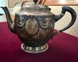 Rare! 19th Century SCHENKEL Coin Silver (90% Silver) Coffee/Tea Set featuring Gorgeous High-end Hand-chased Repousse' work. Pieces include Coffee Pot, Teapot, Creamer and Sugar
