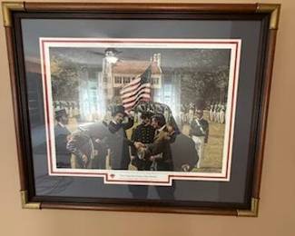 Framed Art Entitled: One Flag, One Country, One Destiny painted by renowed Artist Don Stivers. The painting depicts Confederate Graduates (including James Longstreet) reuniting at West Point on June 17, 1875 united once more under one Flag. This was painted in 1997 and Commissioned by the  U.S, Military Academy Class of 1961,