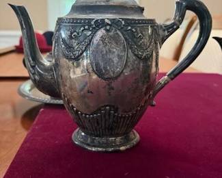 Rare! 19th Century SCHENKEL Coin Silver (90% Silver) Coffee/Tea Set featuring Gorgeous High-end Hand-chased Repousse' work. Pieces include Coffee Pot, Teapot, Creamer and Sugar