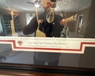 Framed Art Entitled: One Flag, One Country, One Destiny painted by renowed Artist Don Stivers. The painting depicts Confederate Graduates (including James Longstreet) reuniting at West Point on June 17, 1875 united once more under one Flag. This was painted in 1997 and Commissioned by the  U.S, Military Academy Class of 1961,