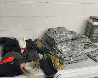 FANTASTIC COLLECTION OF MILITARY UNIFORMS, INCLUDING COMPLETE FORMAL DRESS UNIFORM AND OTHER VINTAGE CLOTHING FROM JACKETS/SHIRTS/PANTS/CAMO/SWEATS/RAINGEAR/BOOTS-MORE!!!!
