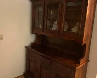 Two Piece Dark Wood China Cabinet With Glass Upper Doors  Lower Buffet Base