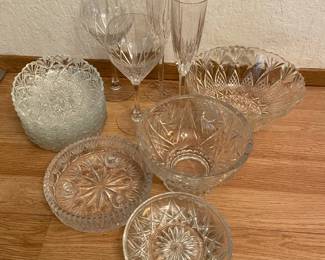 Variety Of Pressed Glass Dishes With Crystal Stem Glasses  Flutes