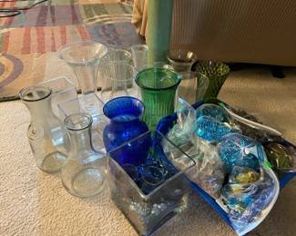 Large Lot Of Glass Vases With Colored Glass Gems  Rocks