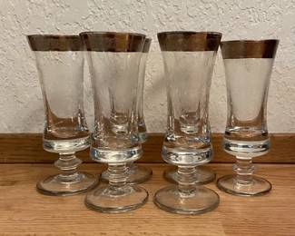 Murano Crystal Champagne Flutes With Metallic Band Around Rim And Base