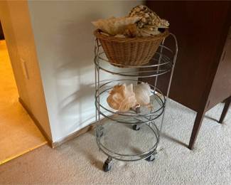 Glass Rolling Cart with Collection of Seashells