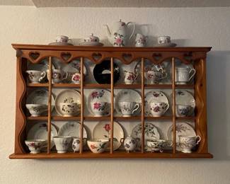 Collection Of Teacups  Saucers With Hanging Display Shelf