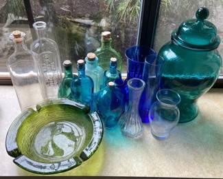 Blue Green and Clear Glass Bottles Vases and Ashtray