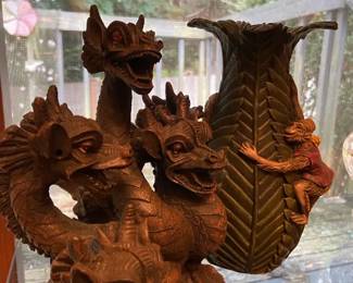 Five Headed Dragon Figurine  Palm Tree Case With Monkeys