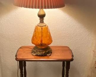Vintage Amber Glass Table Lamp With Brass Tone Metal Base  Wooden Side Table