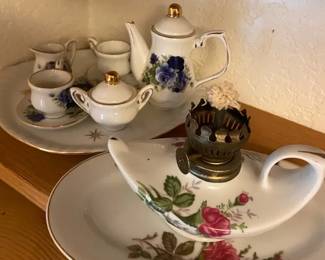 Miniature Blue Rose Tea Set For Two With Pink Rose Dish  Lantern Bottom