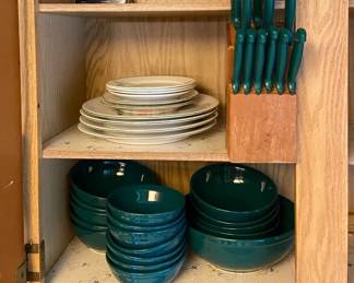 Dark Green Bowls With A Mixture Of Floral Plates  Knife Block