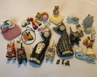 Assortment of Wood Porcelain and Glass Cat Figures