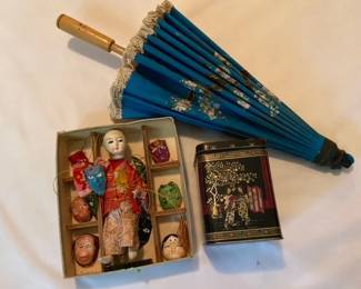 Vintage Kabuki Mask Doll with Parasol and Decorative Tin