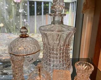 Pressed Glass Decanter With Cut Glass Toothpick Holders Candy Dish  More