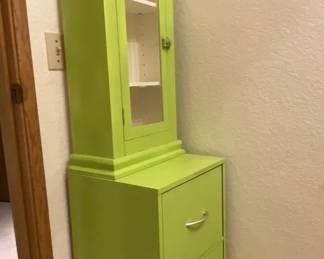 Lime Green Wooden Cabinet With Glass Front Display Top