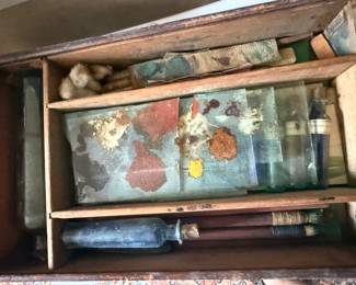 Extraordinary 19th century Painter's pallete and paint box with original glass bottle and brushes