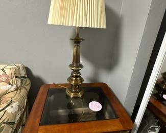 wood side table with glass top & table lamp