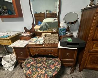 Vintage vanity with mirror & stool