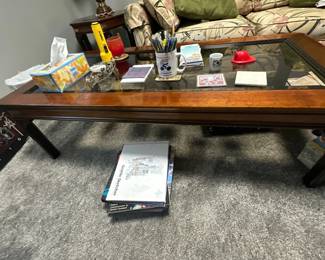 wood coffee table with glass top