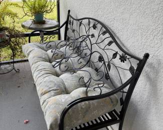 Vintage Wrought Iron Garden Bench with Floral Cushion