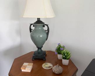 Celadon Crackle Glaze Urn Table Lamp with Ornate Handles