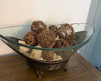 Decorative Glass Bowl with Metal Greek Key Stand