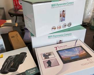 Lot of WiFi Panorama Cameras, inch TFT LCD Color Monitor, and Nikon Aculon T Binoculars