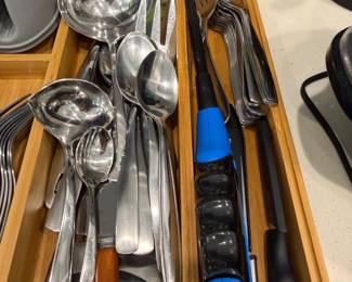 Assorted Stainless Steel Flatware and Kitchen Utensils in Bamboo Organizer