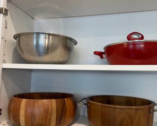 Assorted Kitchenware Collection Stainless Steel Mixing Bowl, Red Dutch Oven, and Two Acacia Wood Serving Bowls