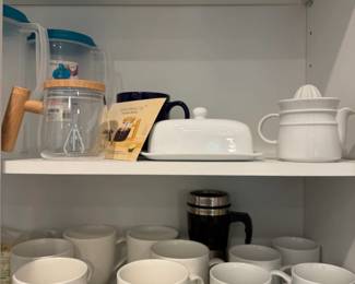 Electric Mixing Cup with Ceramic Butter Dish, Citrus Juicer or Teapot, and White Speckled Mugs