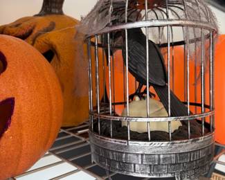 Animated Crow in Cage Halloween Decor