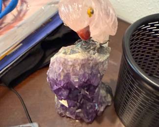 Carved Rose Quartz Parrot on Amethyst Cluster