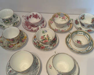 Lot 2: Lot of 8 Vintage English Fine Bone China Teacup & Saucer Sets - Includes Shelley "Wild Flowers"