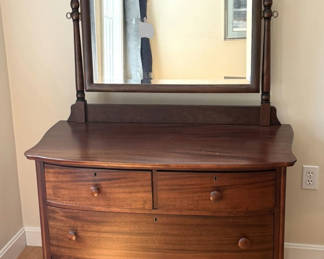 Lot 1: Antique Victorian Style Mahogany Bow-Front 3-Drawer Chest & Tilting Arched Vanity Mirror