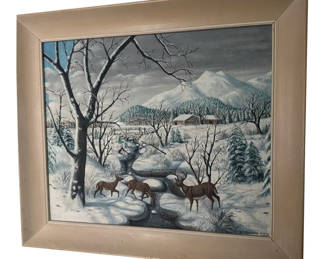 Lot 4: Mid 20th Century s.a. Quesada Signed Original Winter Landscape Oil Painting With Deer & Cabin