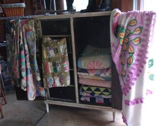 Primitive Chiffarobe, Quilts, Quilt Tops, Chenile Spread w/Peacock Design