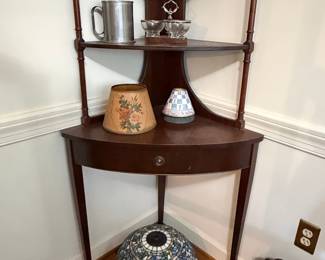 Edwardian Style Mahogany Corner Whatnot Stand with Drawer