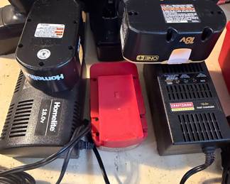 Assorted Vintage Power Tool Battery Chargers and Batteries (Homelite, Ryobi, Craftsman)