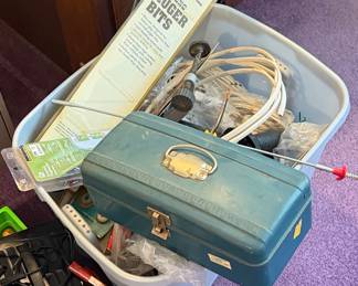 Vintage Blue Metal Tool Box and Assorted Hardware Lot