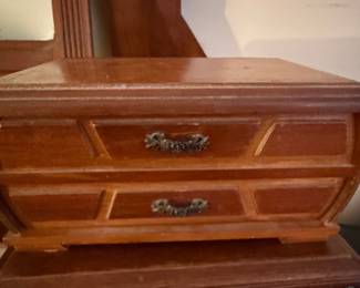 Vintage Wooden Jewelry Box with Dual Drawers and Ornate Metal Pulls