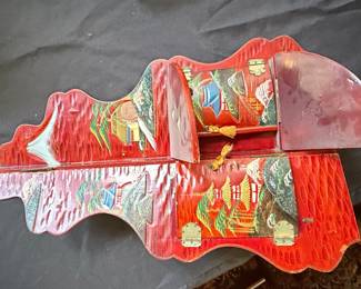 Vintage Japanese Lacquerware Folding Wall Shelf with Landscape Motifs