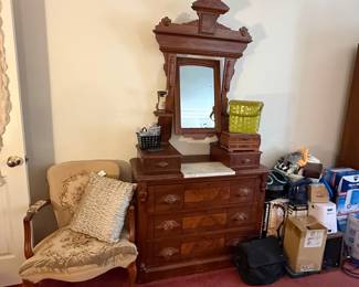 Victorian Eastlake Walnut Marble Top Dresser with Mirror
