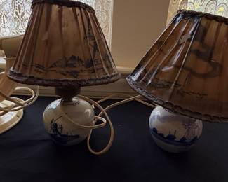 Pair of Vintage Delft-Style Blue and White Windmill Table Lamps