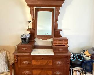 Victorian Eastlake Walnut Marble-Top Dresser with Mirror