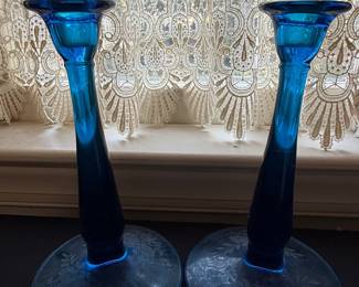 Fostoria Vesper Sapphire Blue Etched Floral Glass Candlesticks