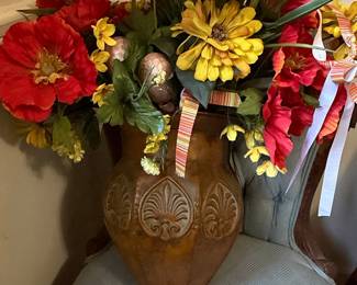 Bronze-Toned Embossed Metal Urn with Artificial Floral Arrangement