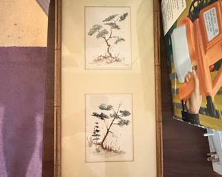 Vintage Botanical Bonsai Watercolor Diptych